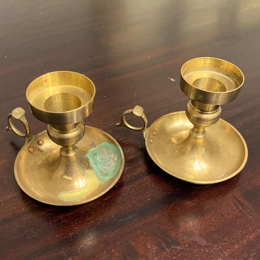 Vintage Set of 2 Interpur Brass Finger Loop Chamber Style Candle Holders